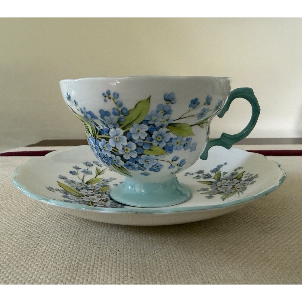 Vintage Rosina Fine Bone China Tea Cup and Saucer Set Blue Forget-Me-Not Floral